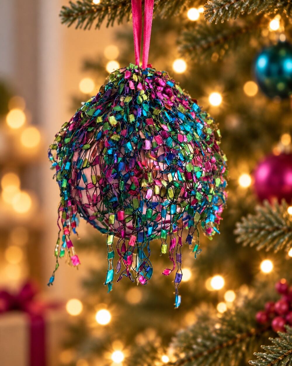 Handmade Jewel Tone Fiber Christmas Ornament OOAK Boho Whimsical